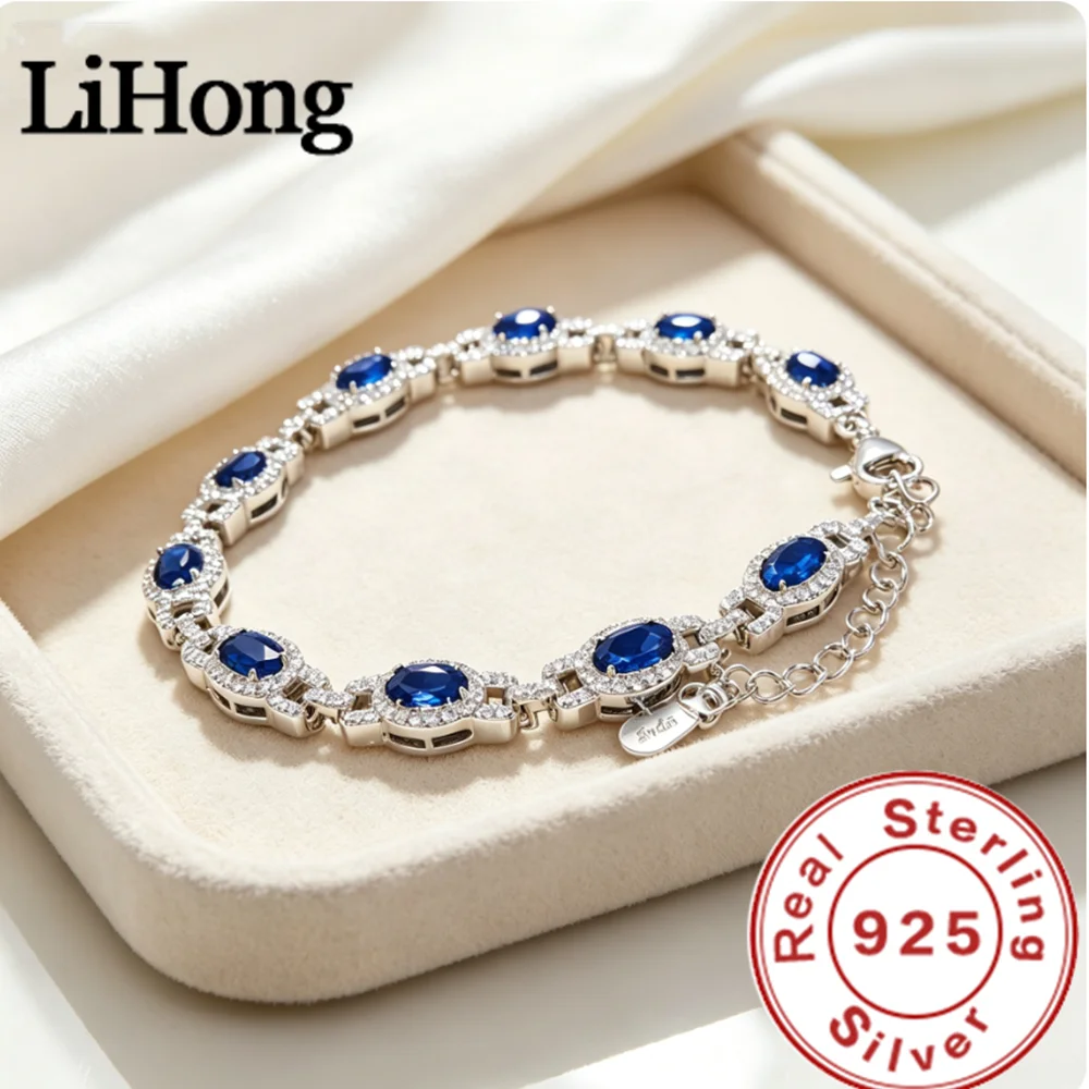 Lihong S925 Sterling Silber Ovaler Edelstein Geburtsstein Tennis-Armband für Frauen Edles Schmuckgeschenk für Mutter, Ehefrau – Detail 4