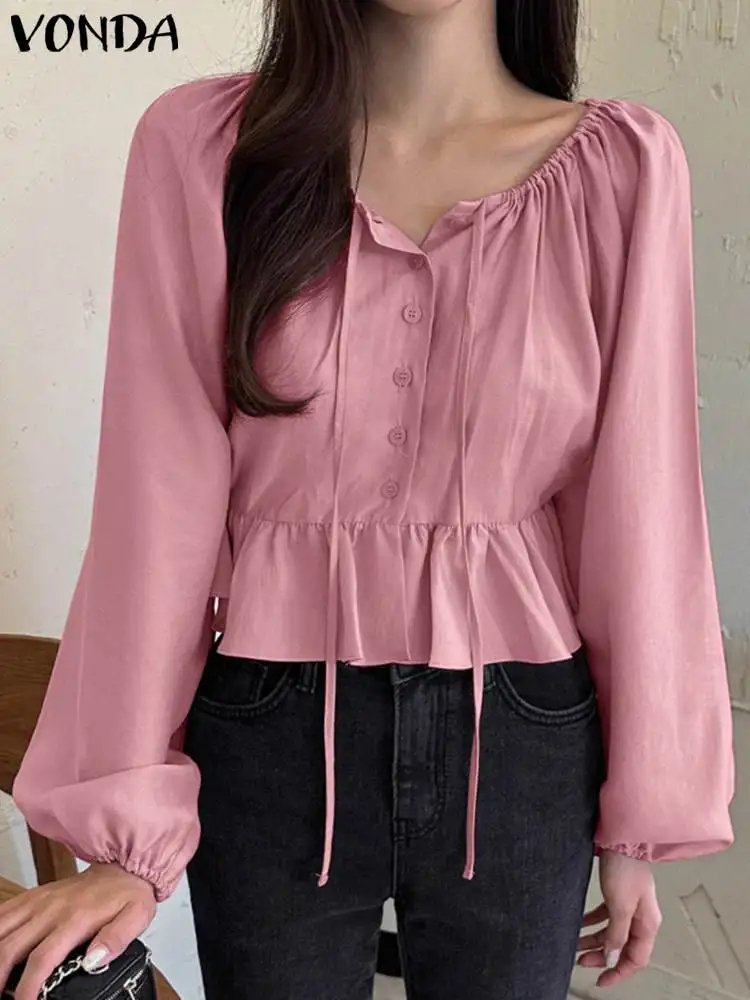 

2024 VONDA Women Fashion Blouses Shirts Autumn Long Sleeve Tunic Tops Casual Loose Bandage Buttons Elegant Office Blusas Femme