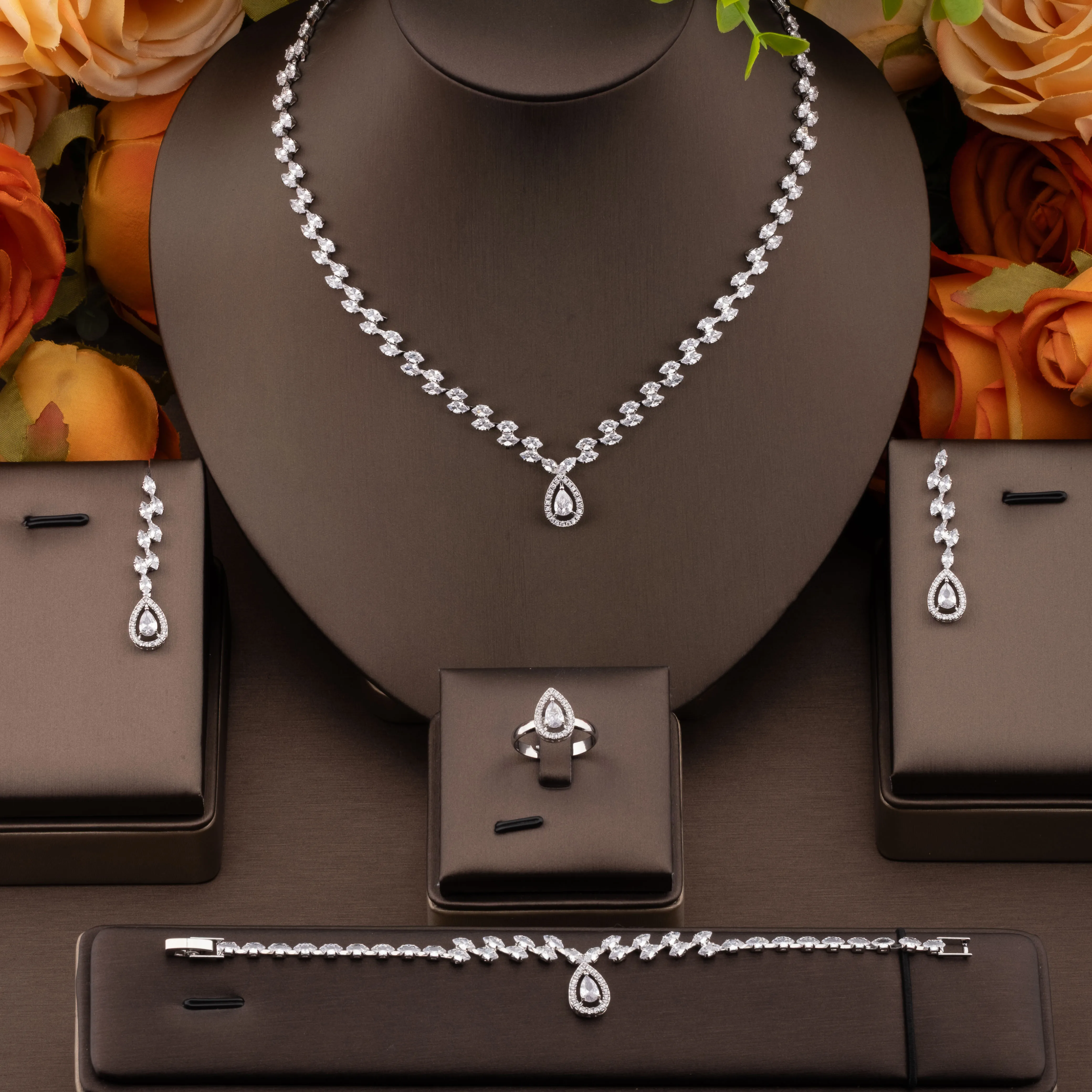 1 Set of Simple and Elegant Jewelry Set with Sparkling Cubic Zirconia Teardrop Design, Suitable for Women to Wear at Weddings and Banquets. Gift Box Not Included