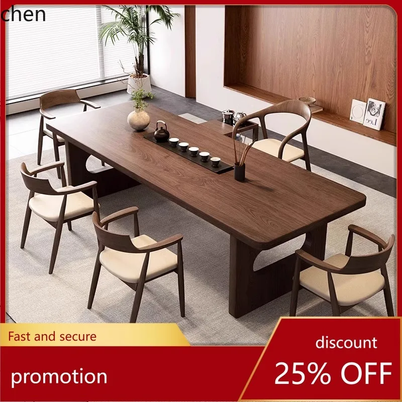 HT Solid Wood Tea Table and Chair Set Simple Modern Large Tea Table Coffee Table for Living Room Home Office Tea Brewing