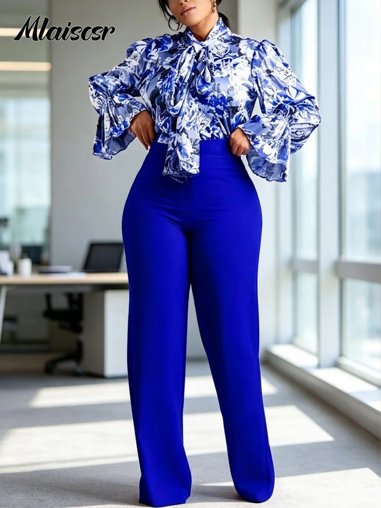 Mlaiscsr Blusa Elegante con Estampado Floral y Mangas Acampanadas para Mujer y Pantalones de Pierna Recta de Cintura Alta, Conjunto de Dos Piezas para Oficina, Fiesta o Calle