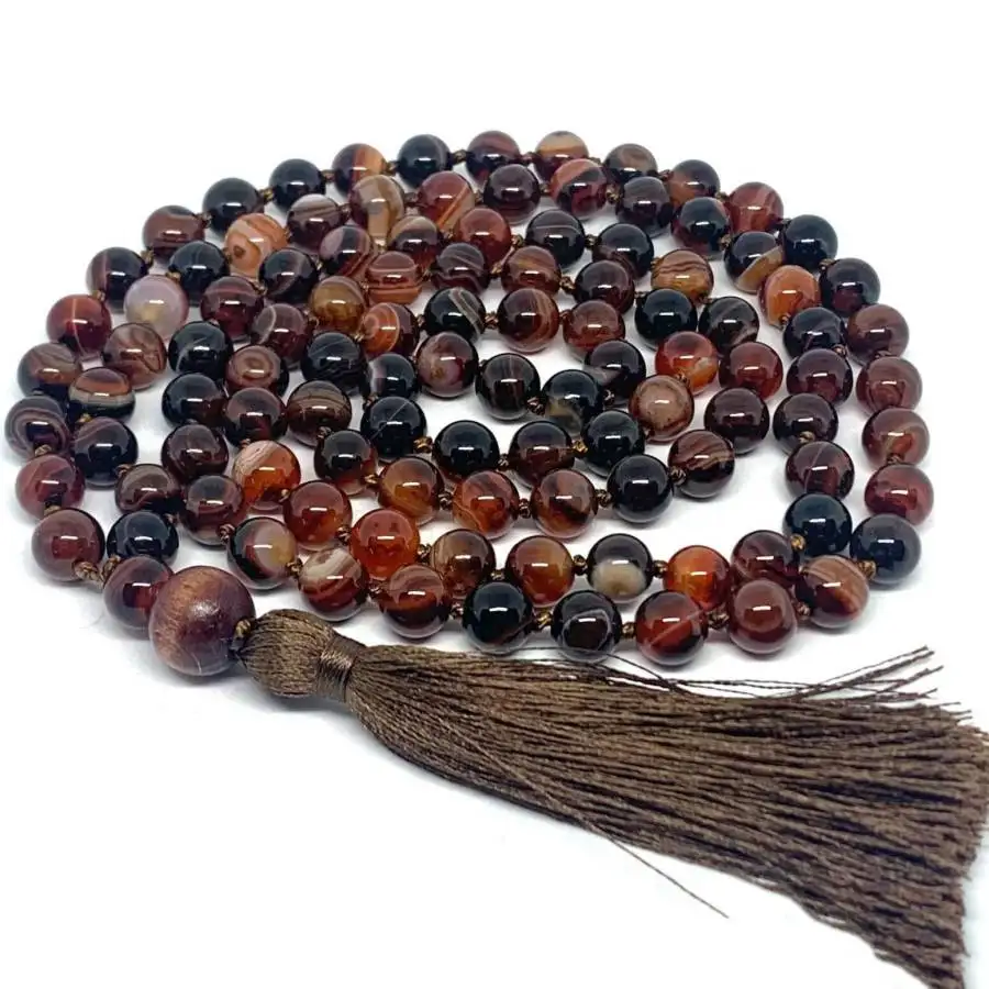 

Natural Banded Agate 108 Beads Mala Necklace with Brown Tassel Spiritual Meditation Jewelry