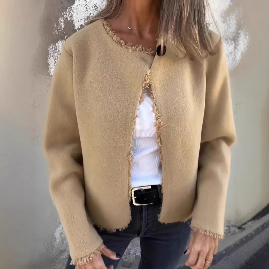Women Wool Coats Blends Jackets Round Neck Full Sleeve Coat Thick Warm Y2k Streetwear Jacket Elegant Outerwear Autumn Winter