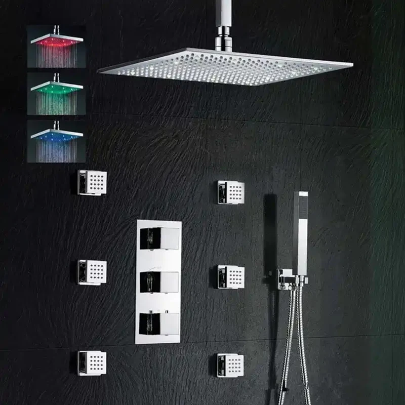 Wall mounted Hot and cold stainless steel LED Shower Head bathroom chrome Thermostatic rain fall Shower Set