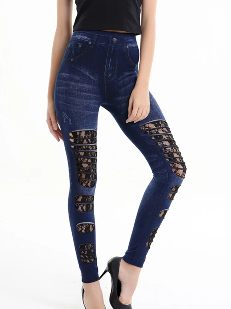 Sexy Leggings Faux Denim Jeans Jeggings Lace Hollow Floral New Fashion Penci Pants Fitness Leggins Sports Trousers