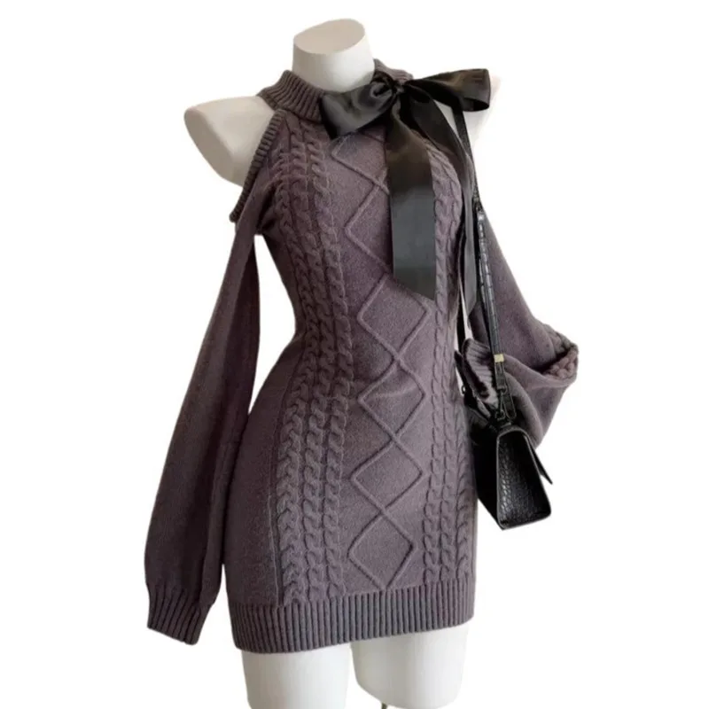 Bow Dresses Girl Y2K Off-Shoulder Long Sleeve Knit Dresses Women Vintage Waist Sweater Bodycon A-Line Winter Autumn Dresses New