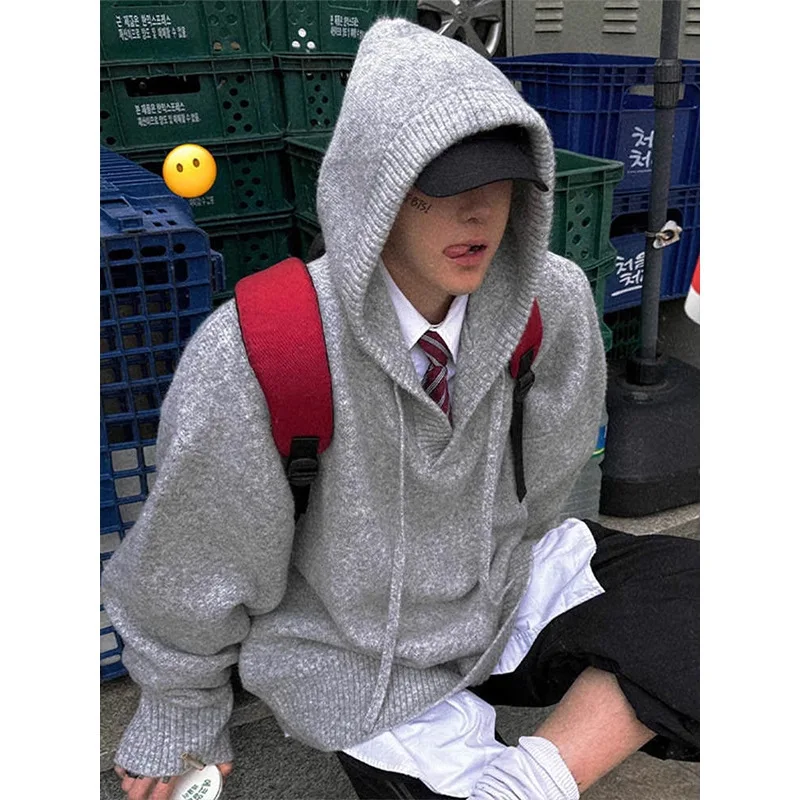 Hoodies Men's Grey Hooded Knit Sweater Autumn Winter Korean Inspired Lazy Vibe Retro Cleanfit Woolen Jacket Coat