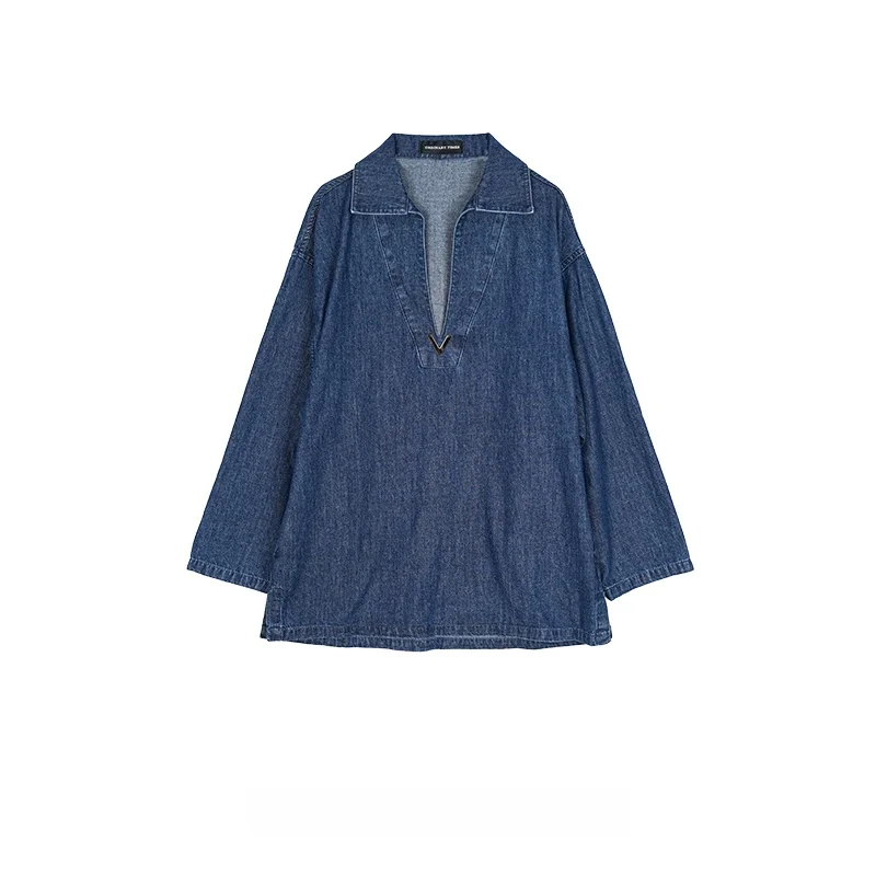 

Повседневная джинсовая рубашка OrdinaryTimes, простой свободный крой, смесь полиэстера и хлопка, короткий рукав, женская мода, осень 2024