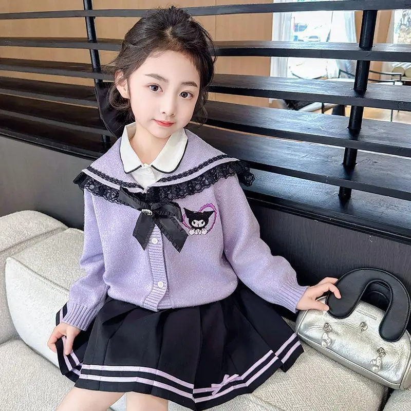 

Sanrio Kuromi свитер для девочек, костюм-тройка, весенне-осенний комплект детской рубашки, короткая юбка, кавайная модная новая одежда с героями мультфильмов аниме