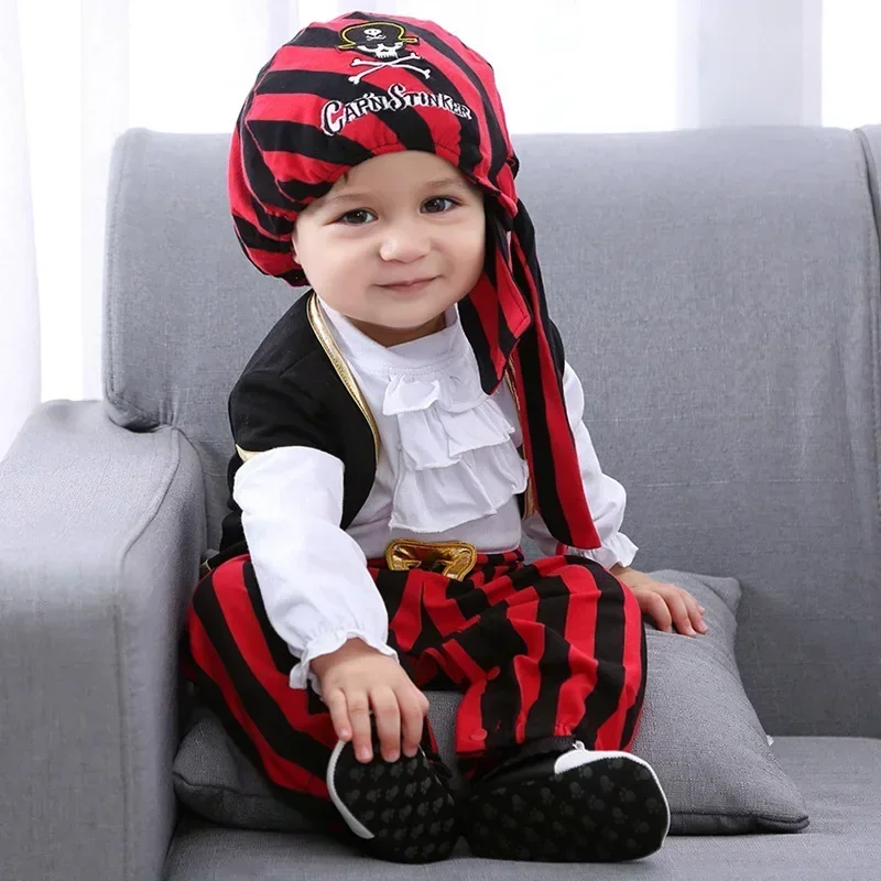 With Cap Vest Red Knight Pirate Halloween Costume Jumpsuit Stripe Suit baby boy Halloween party dress children kid clothes 3-15M