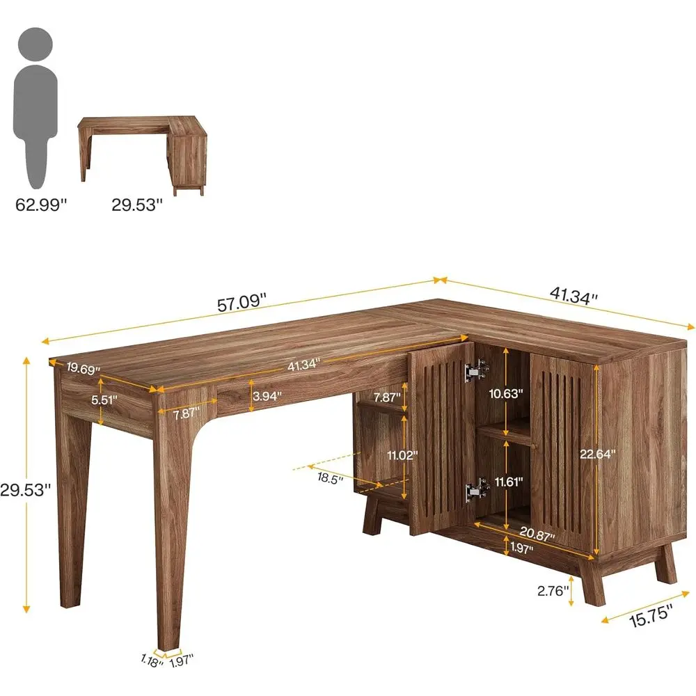 L-Shaped Desk with Storage Cabinet, 57-Inch Wood Corner Workstation, Home Office Computer Desk, Study Writing Table