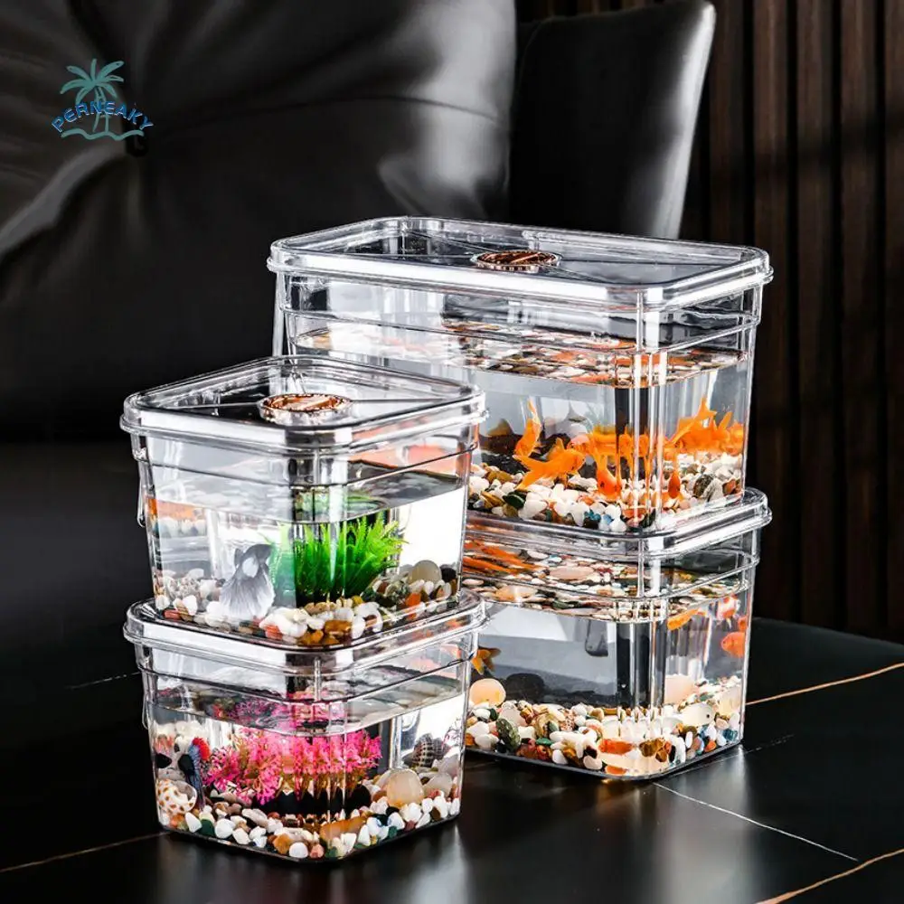 Square/Rectangle Desktop Goldfish Bowl Transparent Broken Resistant Betta Bowl Dustproof with Lid and Handle Turtle Tank