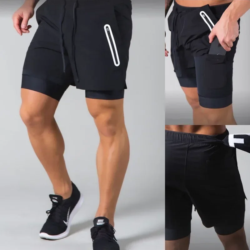 

Running Shorts Men Sports Double Layer 2in1 Quick Dry Workout Training Five-quarter Pants Gym Fitness Jogging Summer Man Short