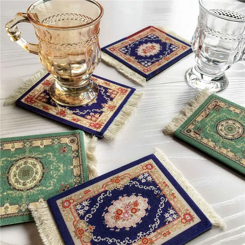 Exquisite-8X Mini Persian Woven Coasters Carpet Pattern Coaster Dining Table Decoration Technology.Blue-Green