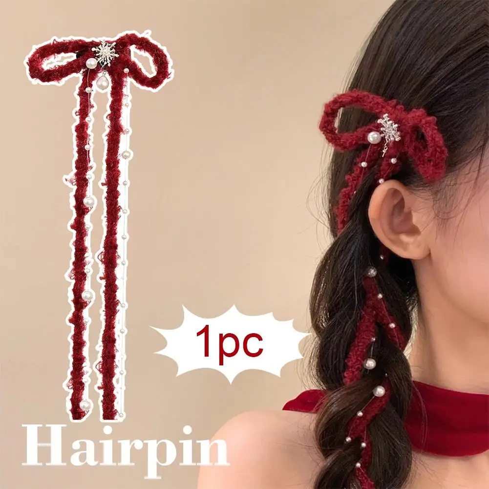 

Retro Long Tassel Red Bow Hairpin Snowflakes Rhinestone Clip Year Girls Sweet Bow Hair Headwear Korean New Ribbon Headwear M4H1