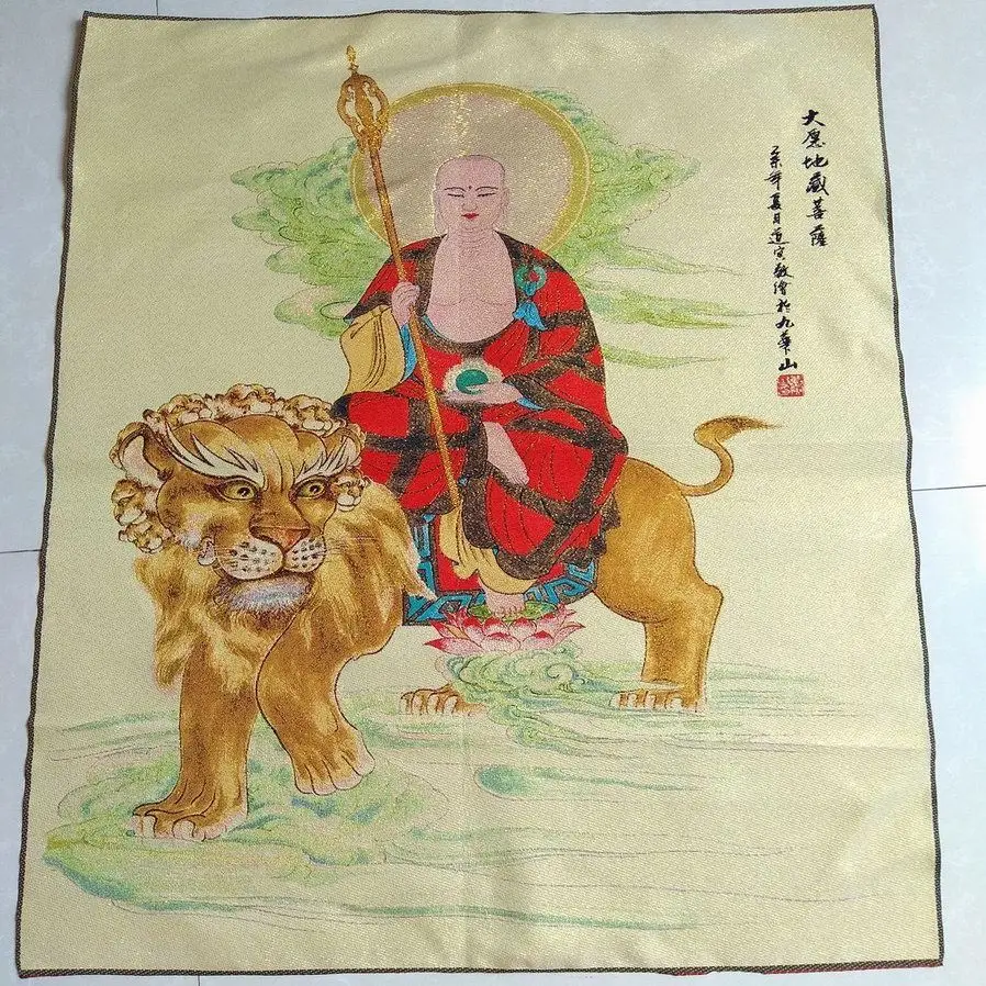 Tibet Tibetan Cloth Silk Lion ksitigarbha bodhisattva buddha Thangka Tangka Embroidery Painting