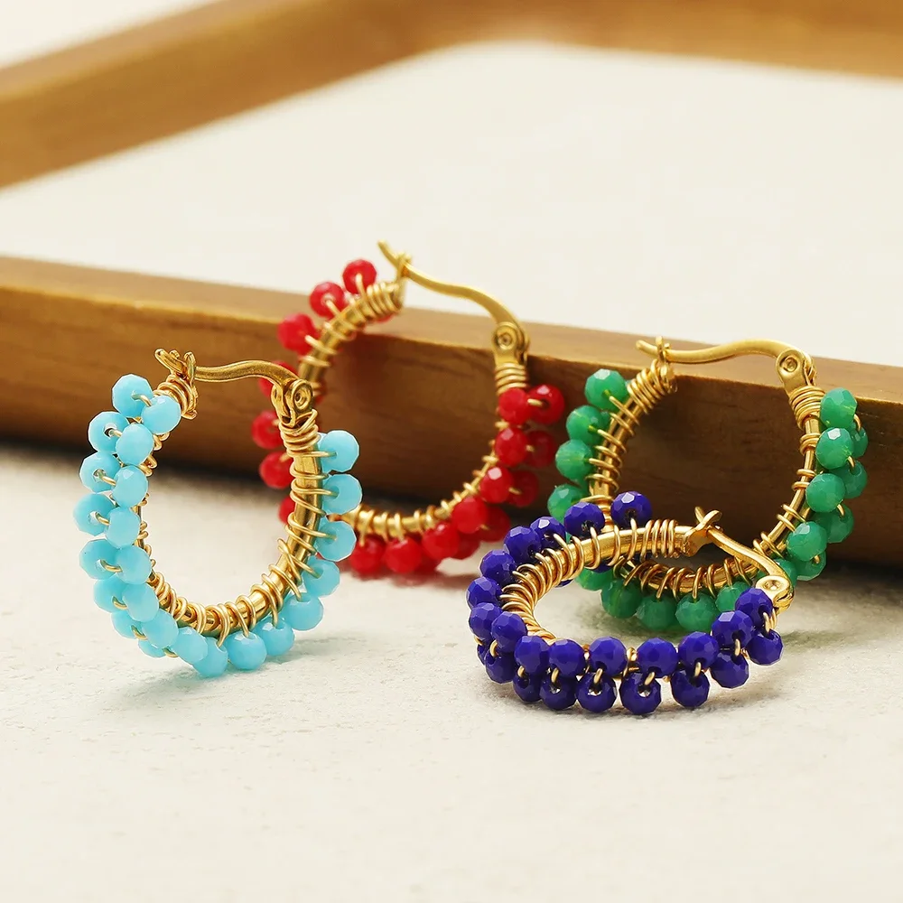 1 Pair Stainless Steel Hoop Earrings Crystal Beads Winding Earrings Fashion Gold-plated Earrings Women Trend Jewelry Gifts Bulk