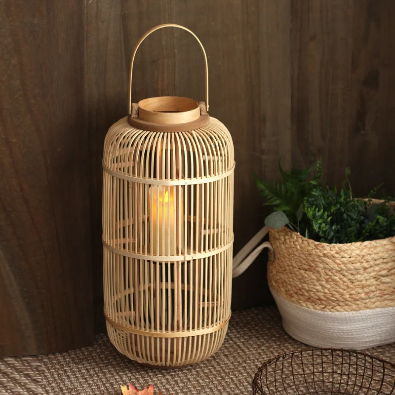 Chinese Floor Lamp Bamboo Woven Hand-held Wind Lanterns Hotel Decoration Props Candle Holders Retro Style Floor Lantern Ornament