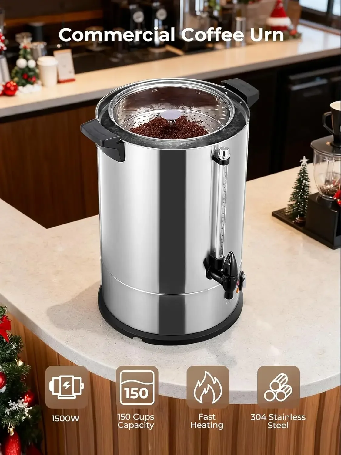 Coffee Maker 150 Cups Commercial, Coffee Urn 15 L/3.96 Gal Electric Hot Beverage Dispenser with Dripless Faucet, 1500W Power Qui