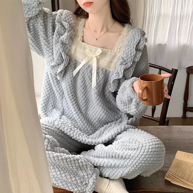 Winter Coral Fleece Pajamas Set Thicken Flannel Female Sleepwear Coral Fleece Loungewear Trouser Suits Pijamas Sweet Homewear 6