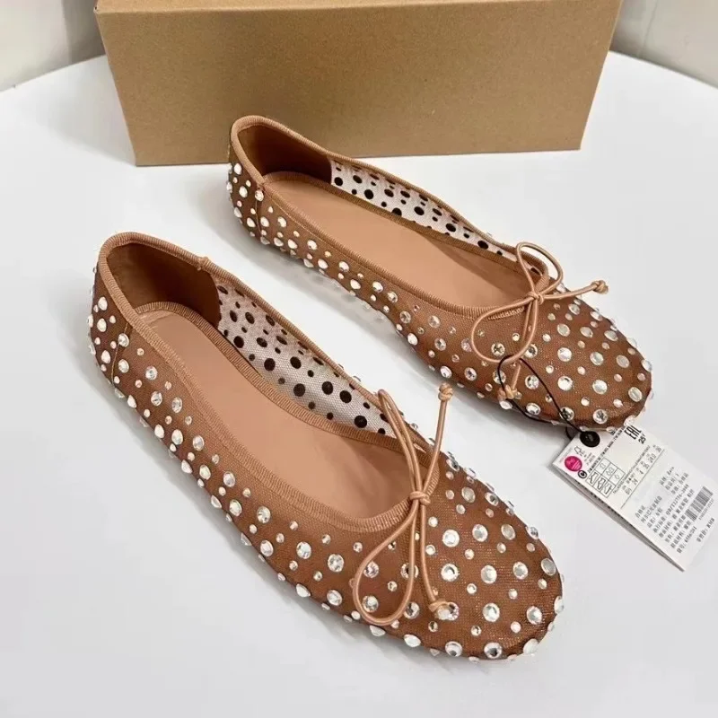 Luksusowe dżetów damskie buty 2099 wiosna płytkie oddychające siatkowe okrągłe Toe Bling Bowtie eleganckie baletki dla kobiet — zdjęcie 4