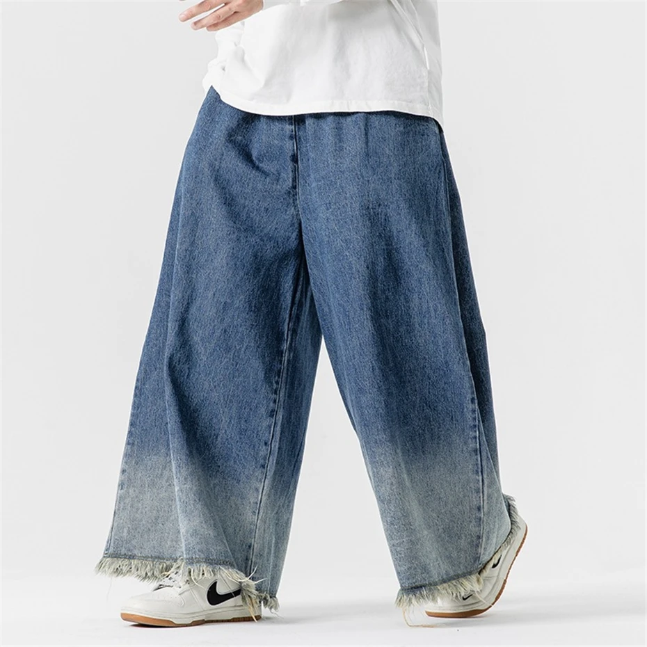 

Wide-leg Jeans Men Vintage Streetwear Baggy Jeans Gradient Denim Pants Male Stretch Waist Jeans