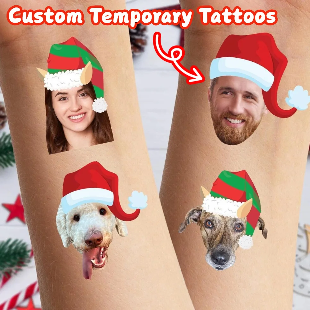 Custom Christmas Temporary Tattoos – Personalized Decals Featuring The Faces Of Friends And Family; A Fun Gift Idea For Parties