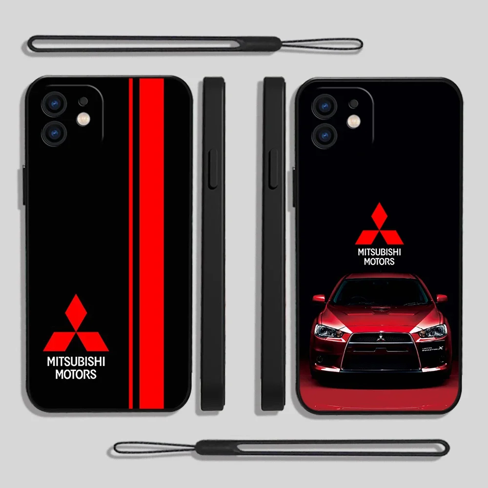 

New Car Mitsubishi Phone Case For iPhone 15 14 13 12 11 Pro Max Mini X XR XS MAX SE20 8 7 Plus Silicone Cases with Hand Strap