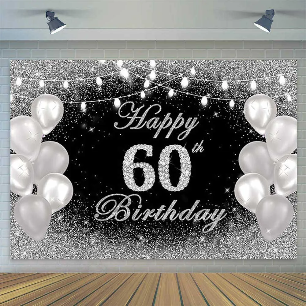 

Silver Black Backdrop for Women Men Sixty Happy 60th Birthday Party Decor Banner Photography Background Vinyl 7x5ft Customized