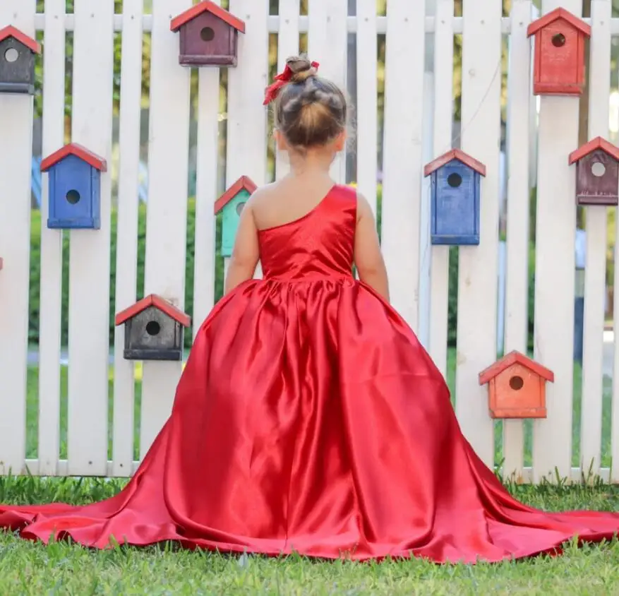 Robes de demoiselle d'honneur en satin rouge pour mariages, robe de petite princesse pour enfants, robe de fête d'anniversaire mignonne avec grand nœud, première communion