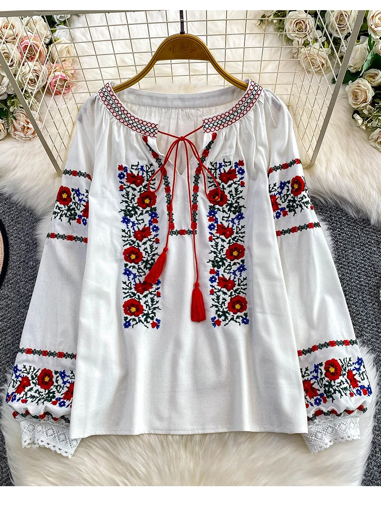 Women's Autumn Bohemian Blouse Ethnic Embroidered O-Neck Shirt Casual Bow Tie Loose Top Linen-cotton Female Pullovers Girl BL256