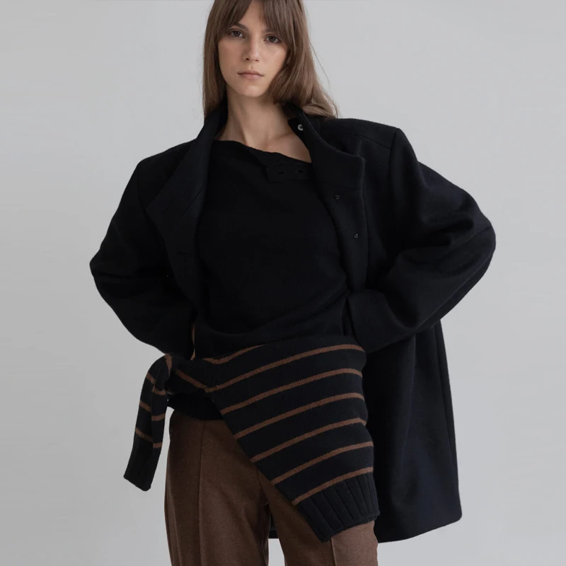 Moondal Damski Wełniany Płaszcz Prosty, Średni Długości, Odzież Wierzchnia, Wiosenna Nowość, Koreański Styl, Dopasowany Krój, Długi Płaszcz