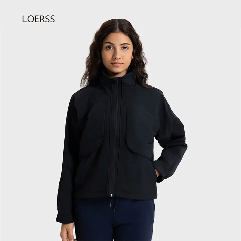 LOERSS-Jaqueta esportiva feminina com capuz, colarinho em pé, capuz impermeável, casaco para corrida, ioga, ao ar livre, casual, outono, inverno