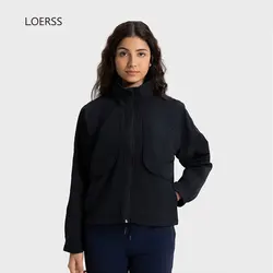 LOERSS-Veste de sport à capuche pour femme, manteau imperméable, col montant, course à pied, yoga, extérieur, décontracté, automne, hiver