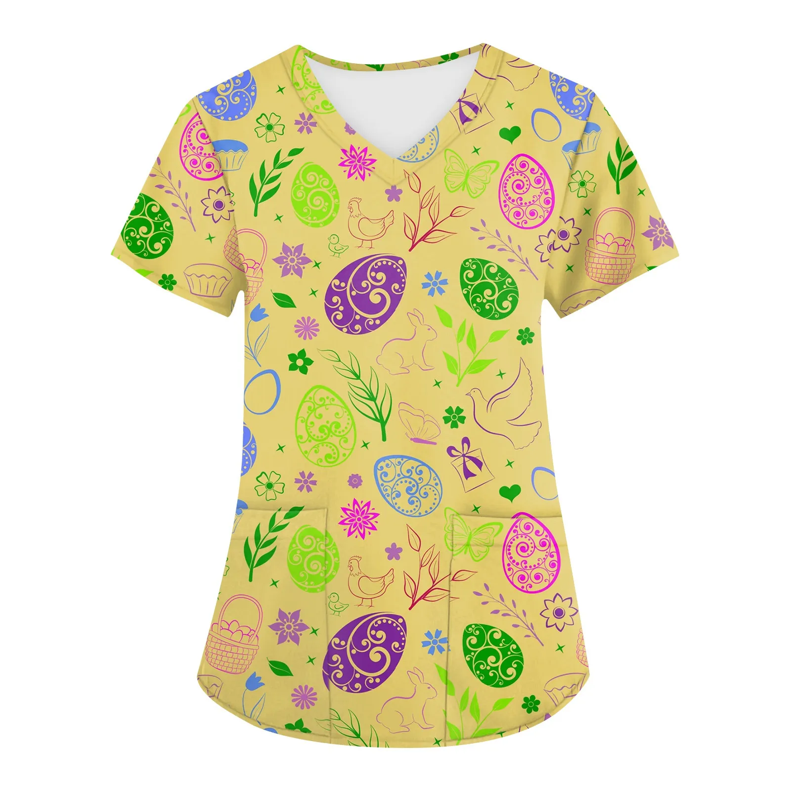 Easter Eggs Print Scrubs Top For Womens Short Sleeve V Neck Nurse Uniform Blouse With Pockets Easter T-Shirt Nursing Working Top