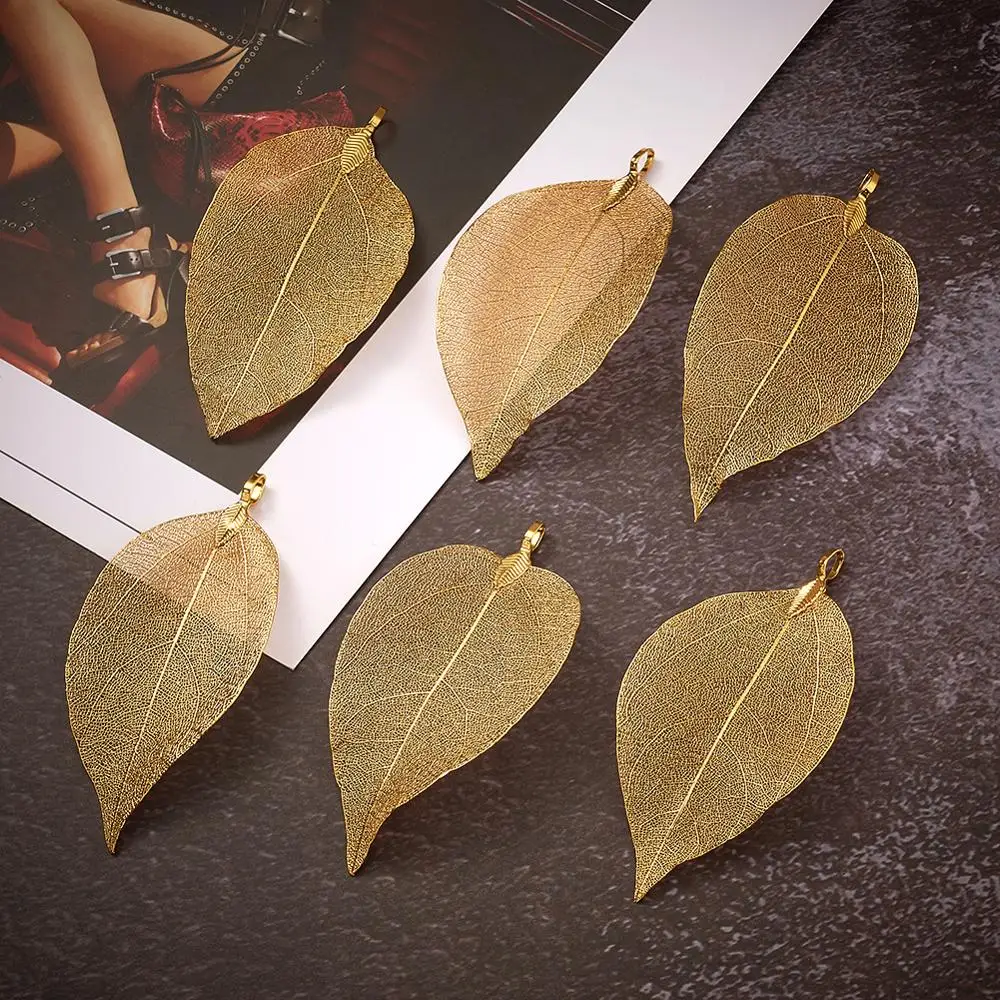 10pcs Brass Plated Natural Leaf Big Pendants Vintage Metal Filigree Leaves Charms For Necklaces Earrings Jewelry Accessories
