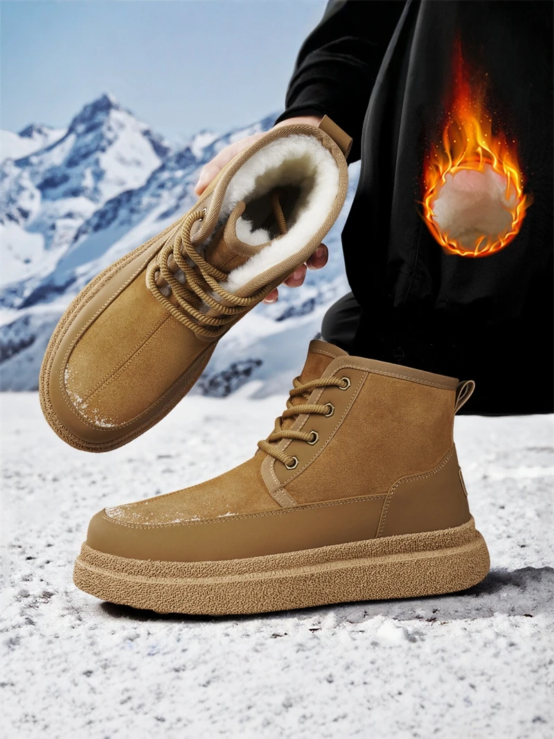Men's Winter Thickened Fleece Lined Snow Boots Outdoor Waterproof Anti-slip Leather Fur Integrated Cold Resistant Northeast C...