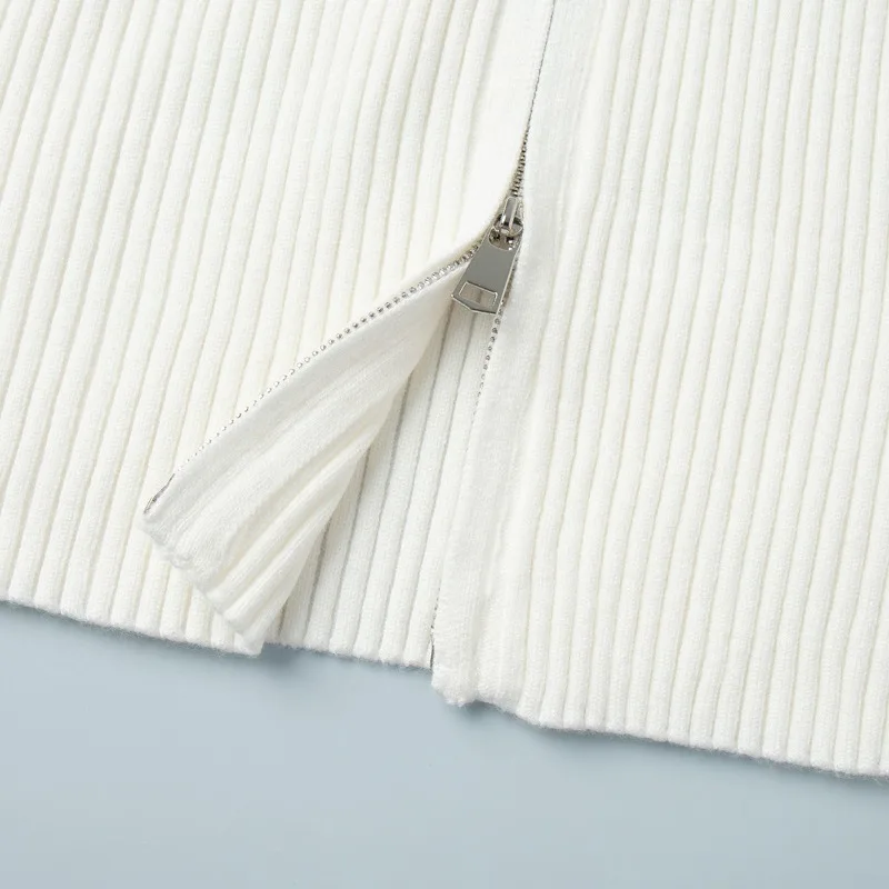 Doppelter Reißverschluss, solide, gerippte Strickjacken für Damen, O-Ausschnitt, lange Ärmel, schmaler lässiger Pullover, Jacken, 2025, Herbst-Winter, Caots