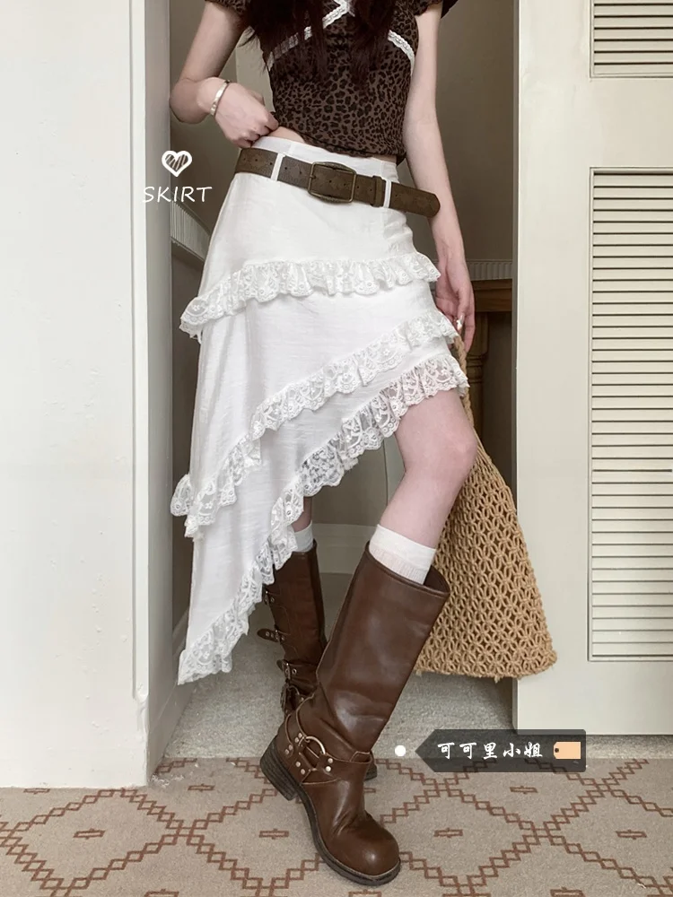 

Весна 2026: Новинка! Женская асимметричная юбка с высокой талией и кружевной отделкой, белая, стройнящая, для подростков.