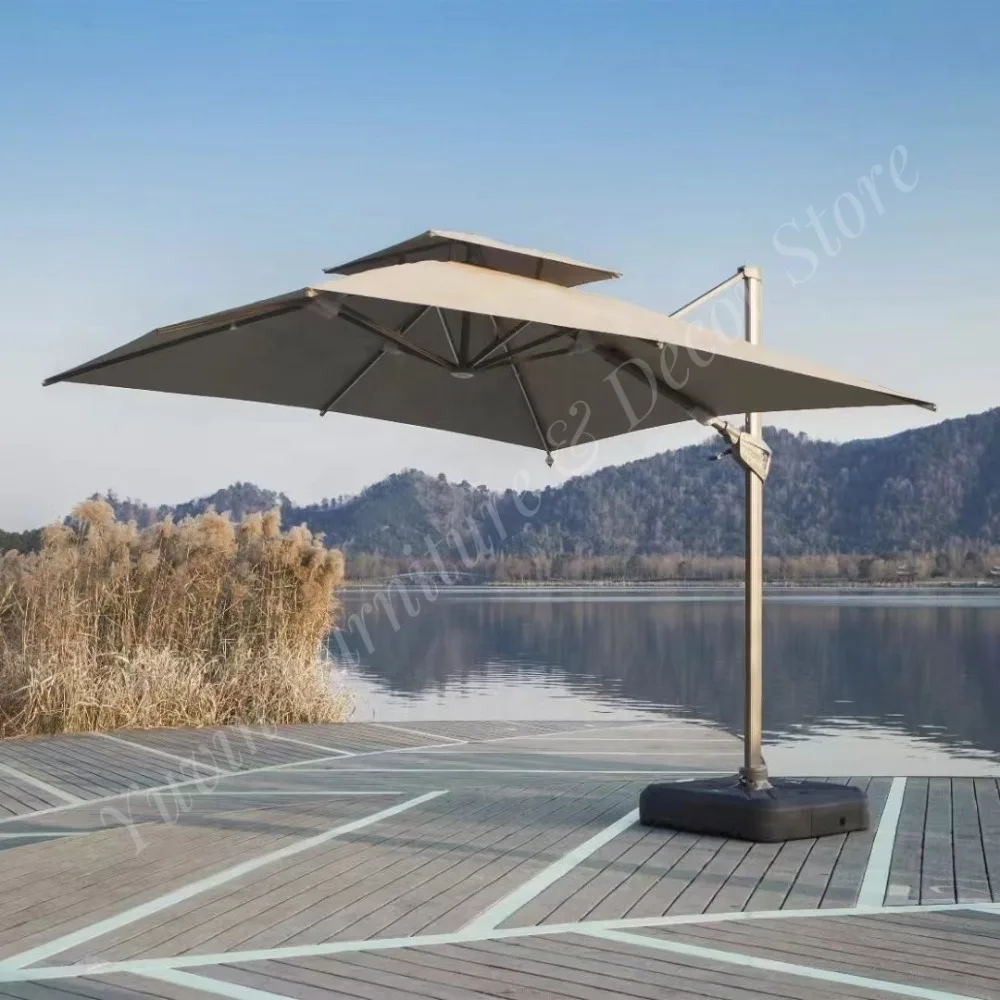Outdoor LED Patio Beach Garden Parasol Commercial Large Roman Umbrella Light Strip Umbrella Modern Cantilever Umbrella