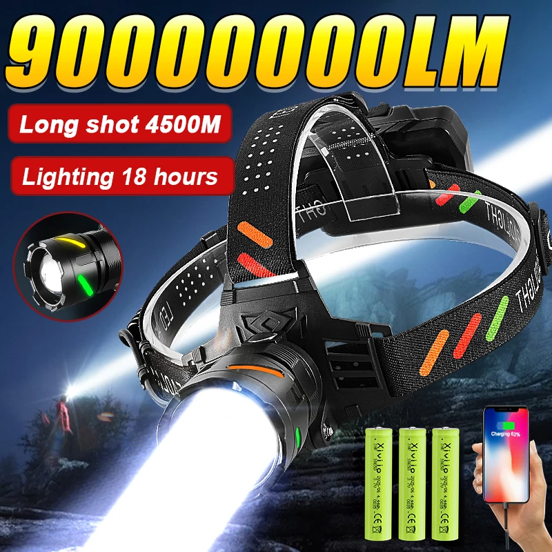 90000000LM Most Powerful LED Headlamp Ultra Bright 4500M Head Flashlight Rechargeable Head Torch Fishing Hunting Headlight 18650