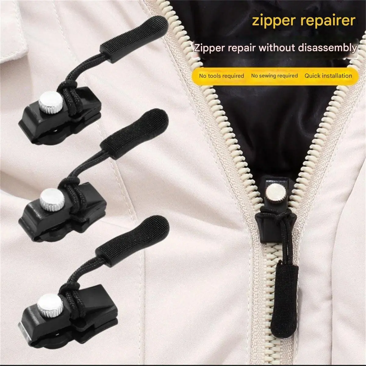 A 3-pack of zipper repair kits (small, medium, and large sizes) with detachable universal zipper heads for replacing zippers in