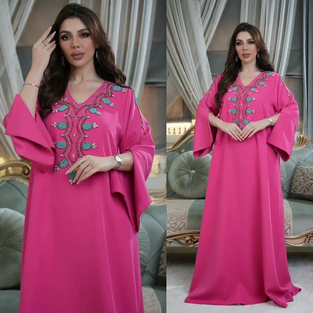 Diamond Casual Arabian Dubai Abaya Loose Muslim Dress Women Party Holiday Long Sleeve Daily Dress Kaftan Femme Musulman Caftan