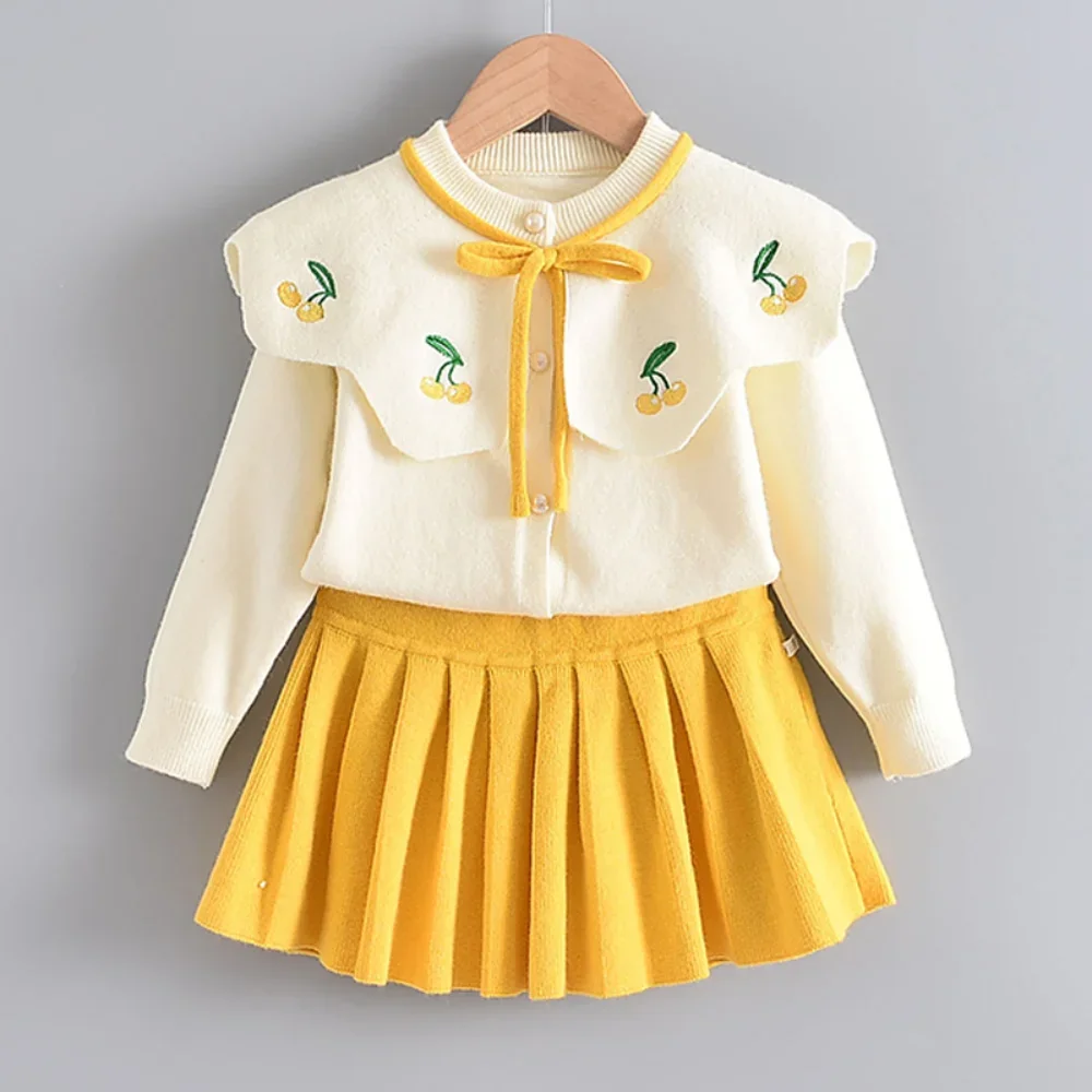 Kids Clothes Baby Girl Costume Cartoon Embroidery Cherry Doll Collar Bow Cardigan+solid Color Pleated Skirt Winter Two-piece Set