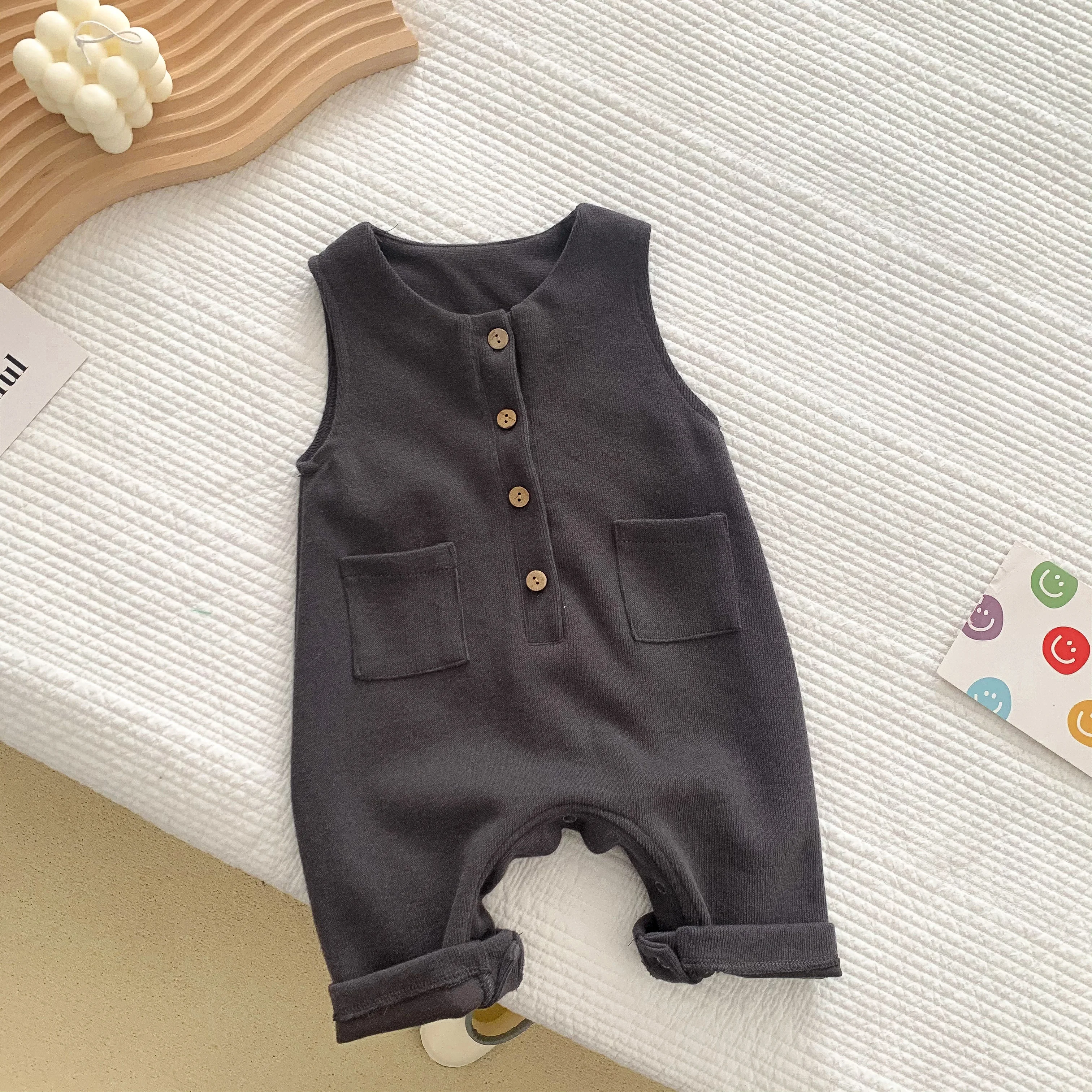 Spring And Autumn Newborn Baby Boys Sleeveless Solid Jumpsuit O-neck Simple Suspender Trousers Korean Fashion Soft Casual