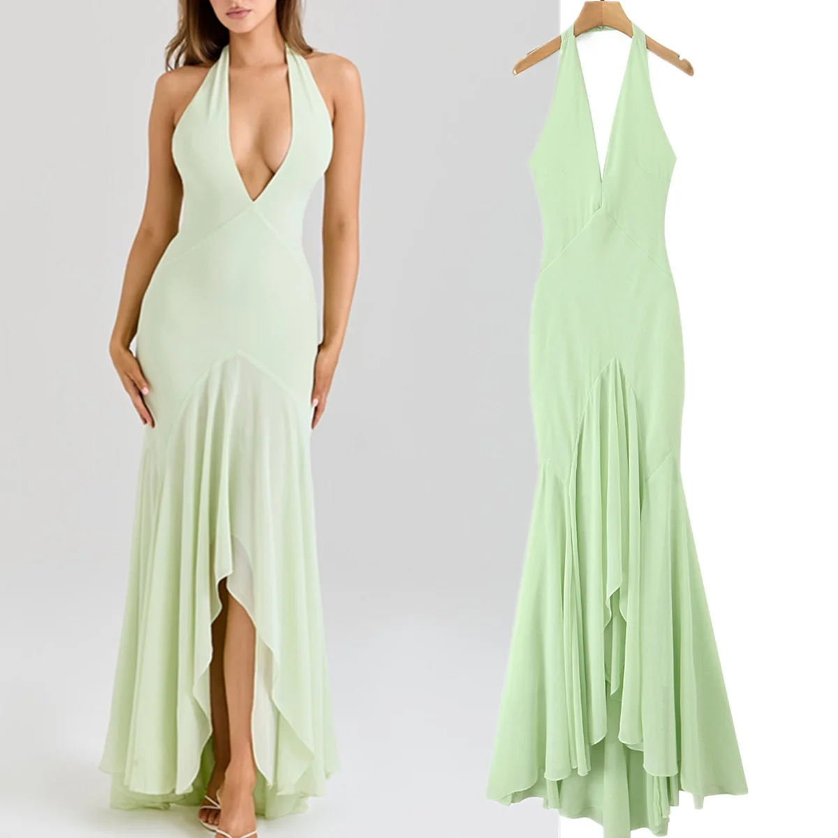 

Maxdutti Tank Dress Minimalist Sexy Ruffle Layered Design Party Dress Light Green Women's Dress,Dresses For Woman