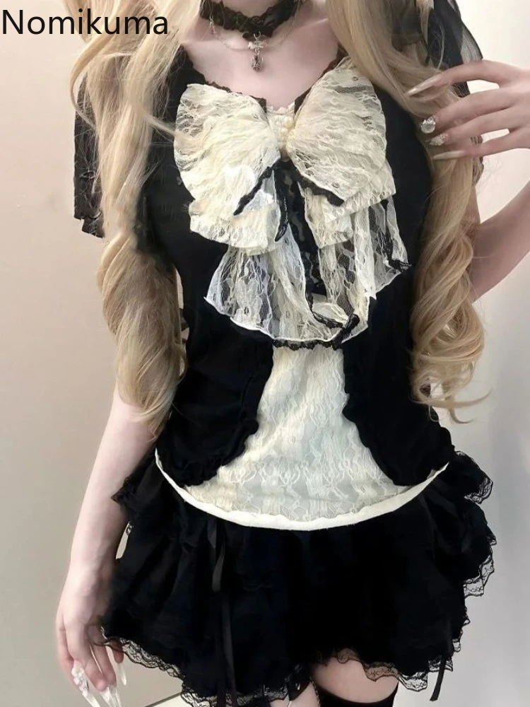 

Skirt Outfits Women Clothing 2 Piece Sets Patchwork Lace Bow Tunic Tops A-line Bandage Mini Skirt Suit Chic Sweet Summer Outfits