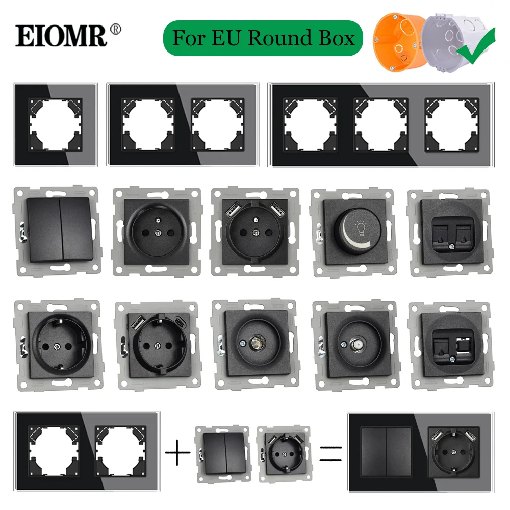 EU DIY Black Crystal Glass Panel Electrical Sockets and Automatic Reset Switches USB Type-C TV RJ45 Cat 6 Module for Round Box