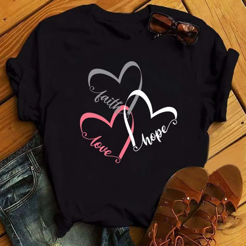 Women T Shirt Funny Faith Hope Love Harajuku T-shirt Summer Casual Short Sleeve Tops New Love Heart Woman Tees Black Y2k Tops