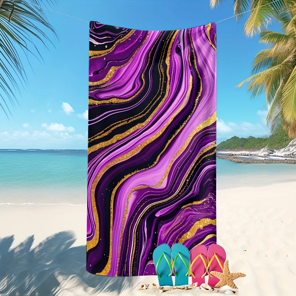 Purple Gold Marble Beach Towel, Abstract Liquid Art Microfiber Bath Towel, Soft Quick Dry Summer Beach Accessories for Swimming